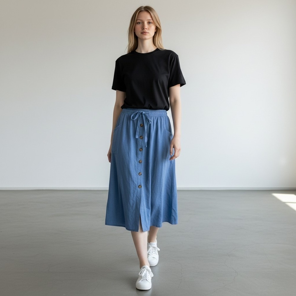 a.n.a. Women's 12 Linen Blend A-Line‎ Button Front Lagenlook Pockets Midi Skirt